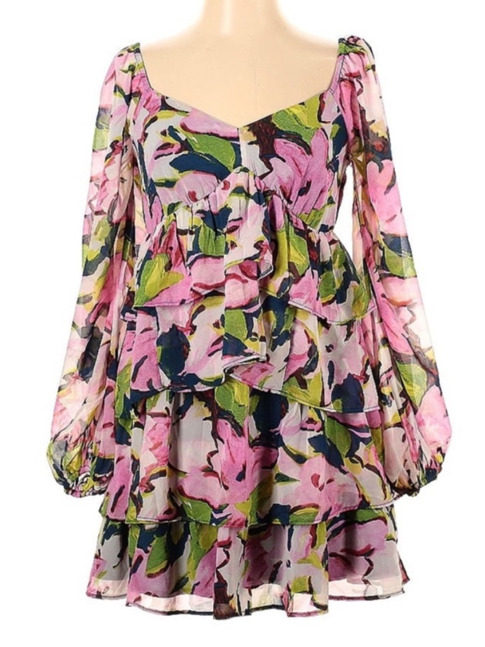 Abercrombie & Fitch Floral Print Tiered Mini Dress Long Sleeve Size XL Tall NWT - Picture 4 of 15